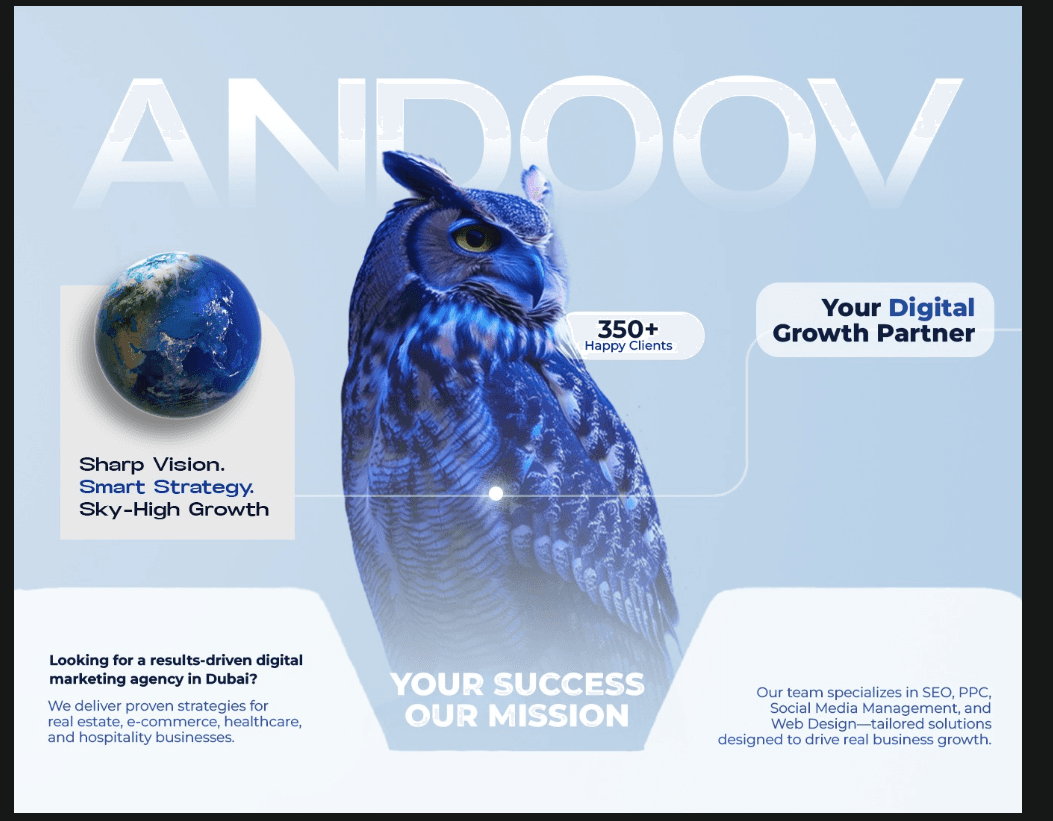"ANDOOV digital marketing agency banner featuring a blue owl, global growth icon, and message highlighting smart strategy and high business growth with 350+ happy clients."